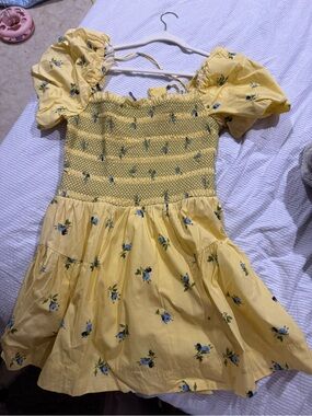 Anthropologie Yellow Mini Dress with Blue Floral Print
